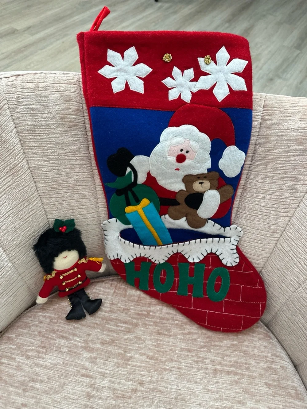 Vintage Felt Christmas Stocking Santa Teddy Fireplace & Nutcracker Soldier 19”